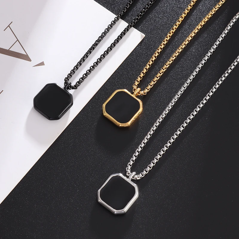 Stainless Steel Classic Geometric Polygonal Black Square Natural Stone Necklace Pendant for Men Fashion Casual Punk Jewelry Gift