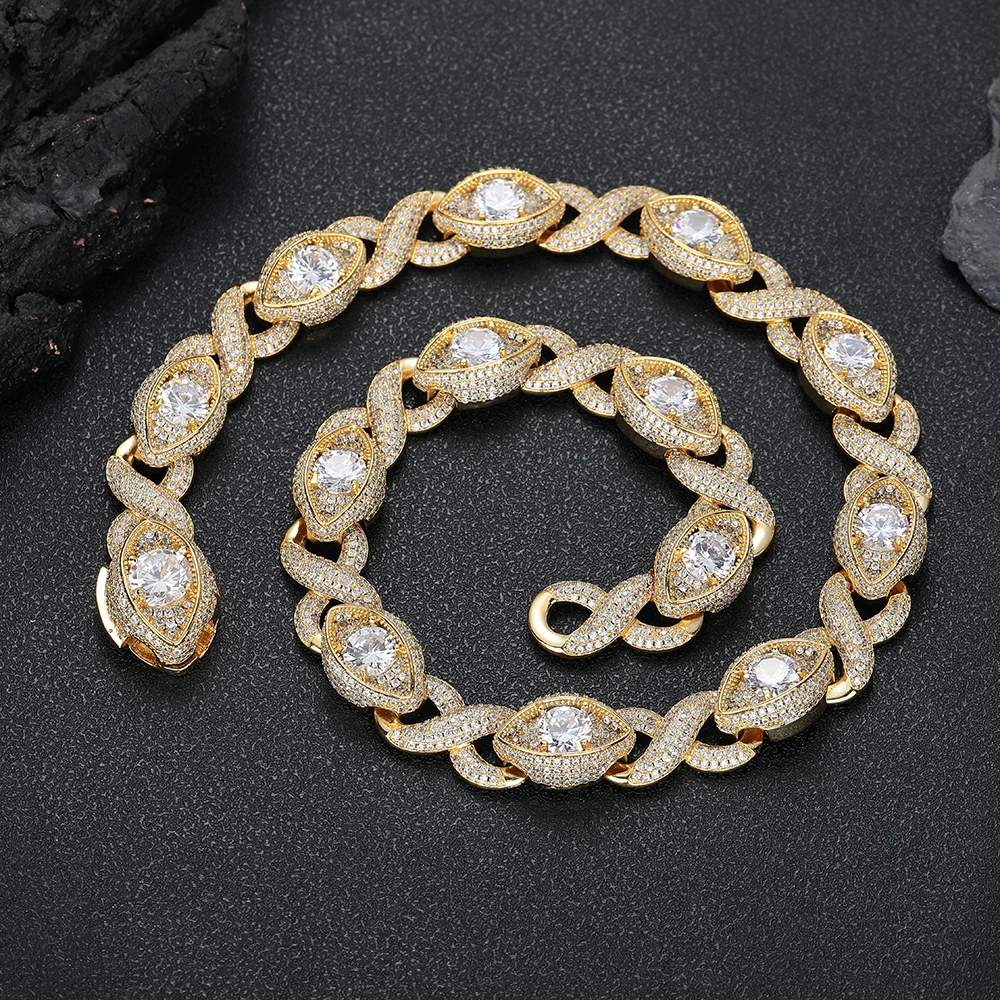 

HHIOK 15mm Hip-Hop Jewelry Ice-Cold Cuban Chain Big Diamond Eye Silver Cuban Infinite Link Necklace for Women