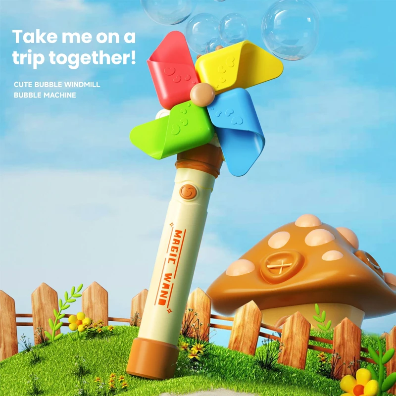Windmill Bubble Machine Automatically Bubbles blowing 360 Flip Hand-Held Bubble Sticks with Light Magic Outdoor Toys for Kids