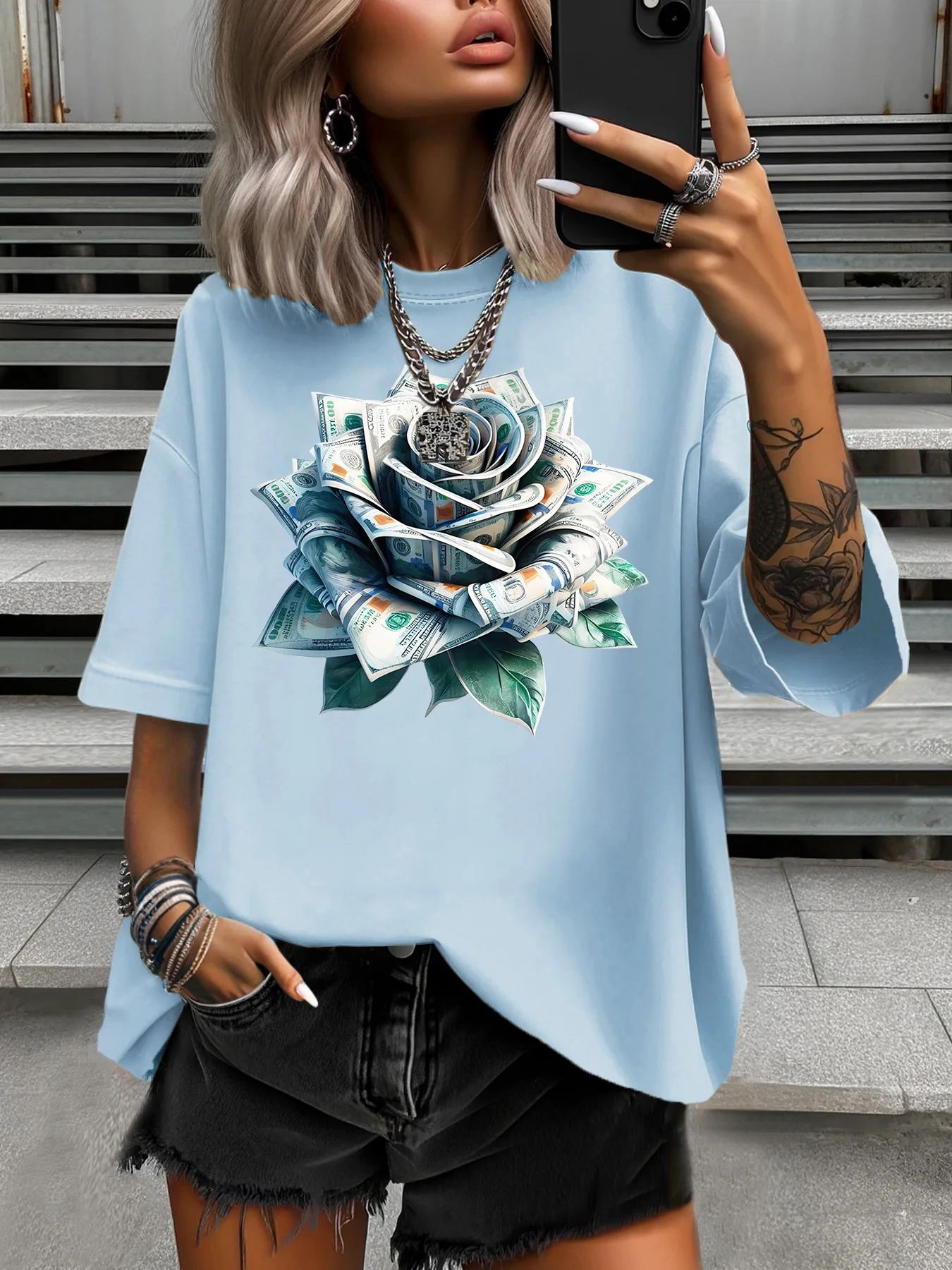 

Summer Women's Plus Size T-Shirt Original Design Paper Flower Pattern Printed Women's Casual Soft Round Neck Short Sleeved Tops