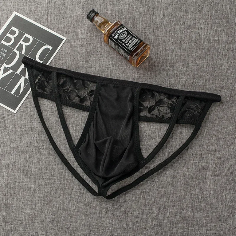 الرجال مثير تفريغ الدانتيل الأرداف ثونغ الملابس الداخلية سيسي مثلي الجنس U الحقيبة ملخصات شفافة بيكيني السروال