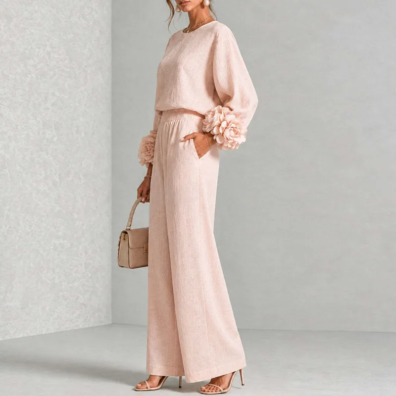 Autumn Solid Two‑Piece Sets Ladies Round Neck Lantern Sleeve Top 3D Flower Wide Leg Trousers Suit Elegant Daily Vacation Outfits view 4