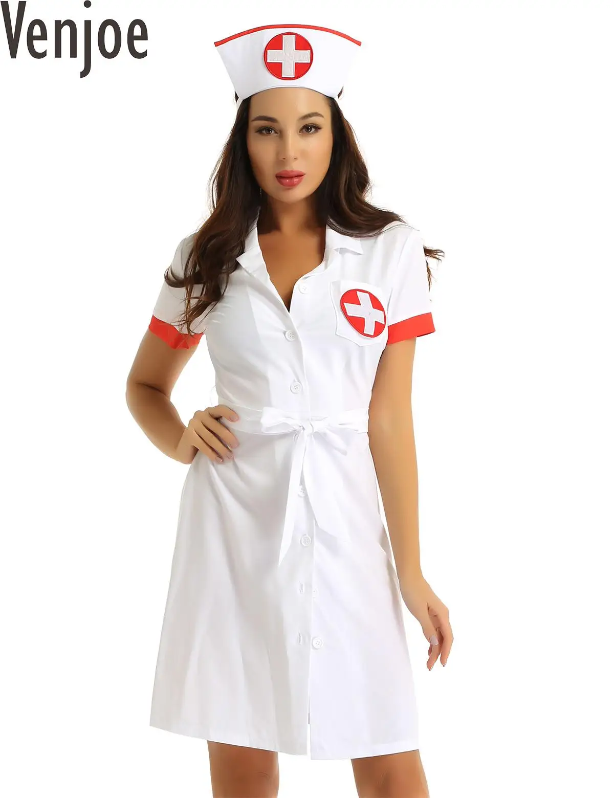 

Women Adults Nurse Cosplay Costume Halloween Doctor Uniform Fancy Dress Hospital Outfit Short Sleeve Party Dress with Belt Hat