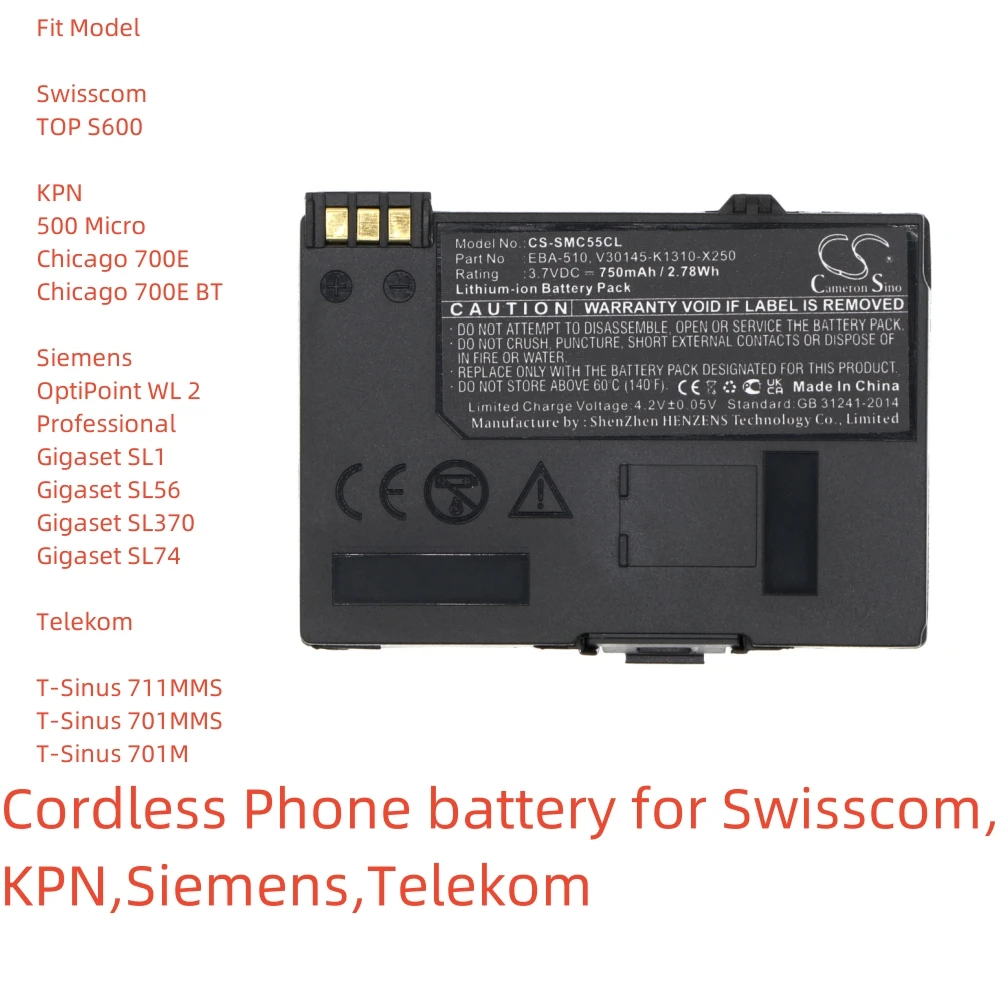 Li-ion Cordless Phone battery for Telekom,Siemens,KPN,Swisscom3.7v,750mAh,TOP S600 500 Micro Chicago 700E Gigaset SL1