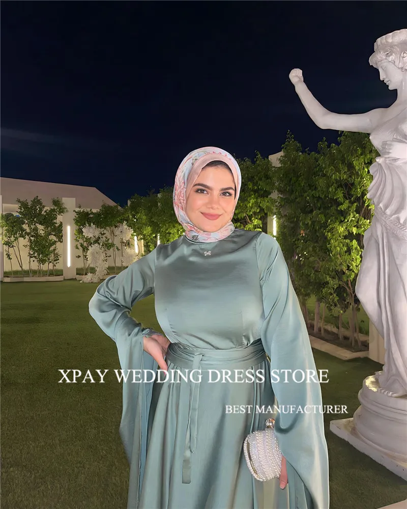 XPAY Simple Dubai Muslim Arabic Women Evening Dresses High Neck Flare Long Sleeves Silk Satin Formal Prom Occasion Dress Gown