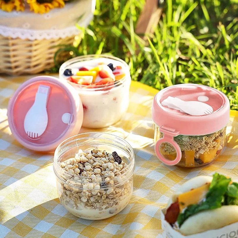 4 Pcs Overnight Oats Container With Lids And Spoons, 20 Oz Oats Jars Container For Milk, Fruit And Salad Storage (Pink)