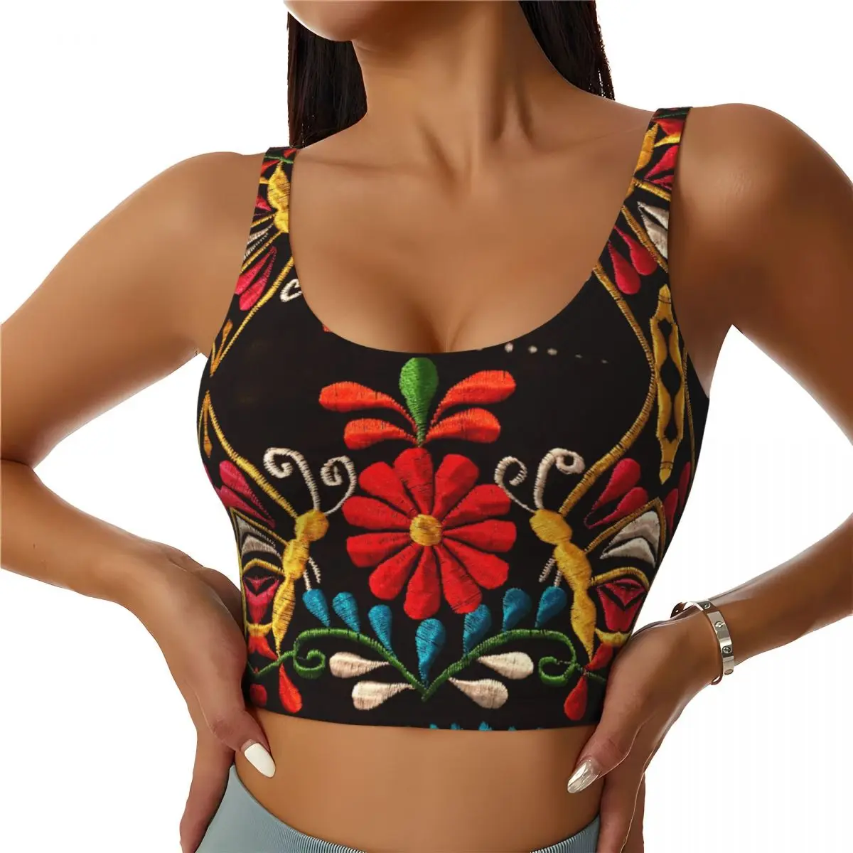 Custom Mexican Butterflies And Flower Pattern Sports Bra for Women Otomi Embroidery Art High Impact Workout Yoga Crop Top