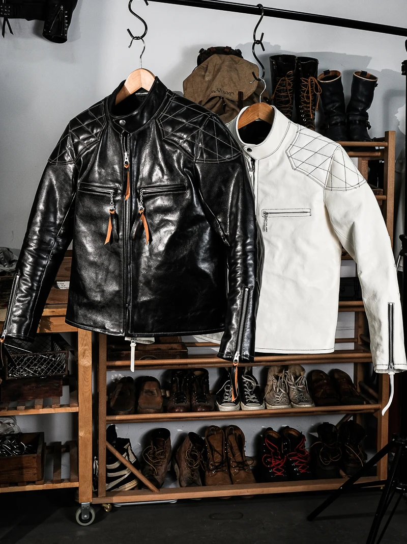 

High Density Black Tea Heart Horsehide White Rare Earth Goat Leather Double Version Small Prototye Leather Jacket Fashion Urb...