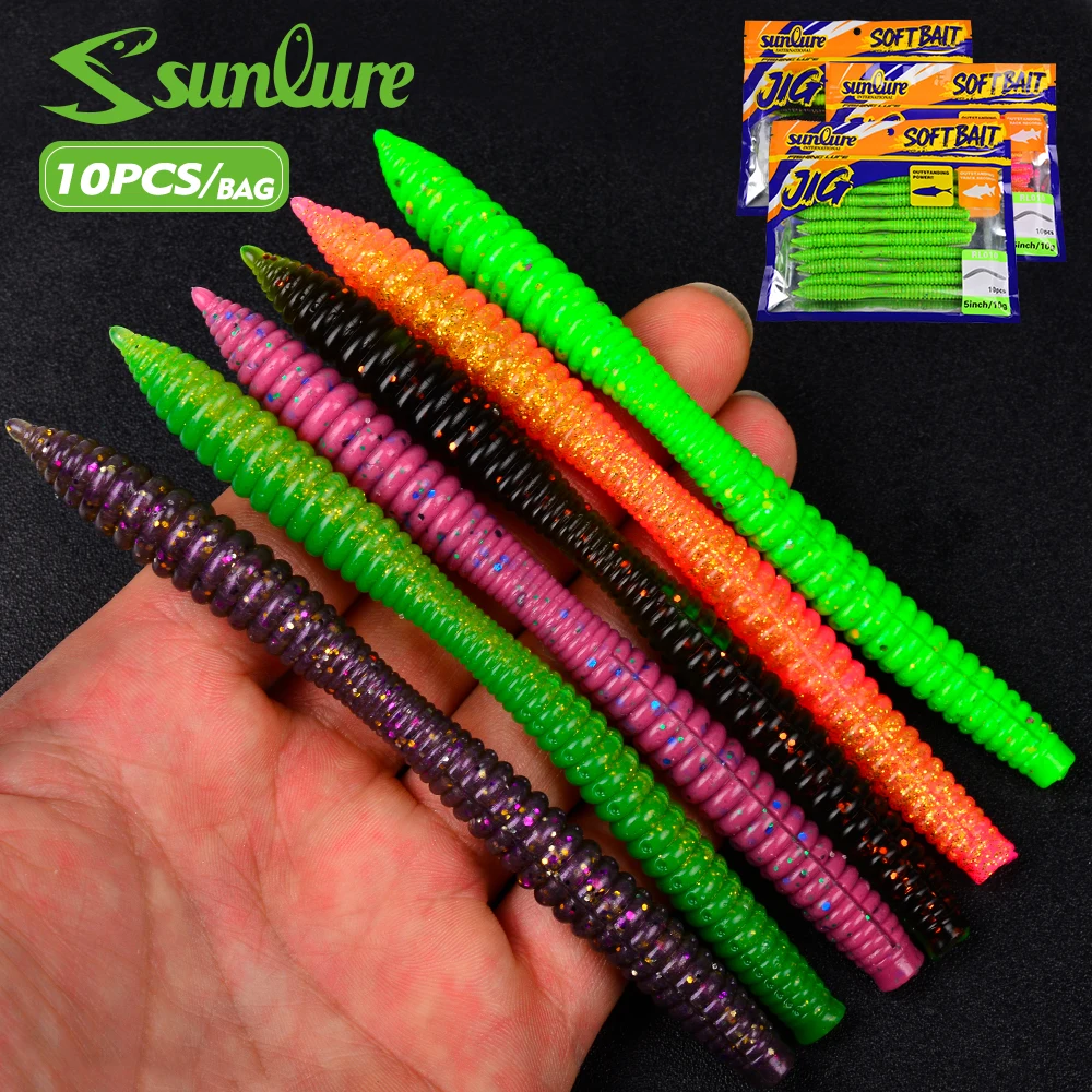 Sunlure 10PCS/Bag Realistic Worm Silicone Artificial Bionic Soft Bait Ribbed Swinging Swimming Bait Trout Grouper Fishing Lures