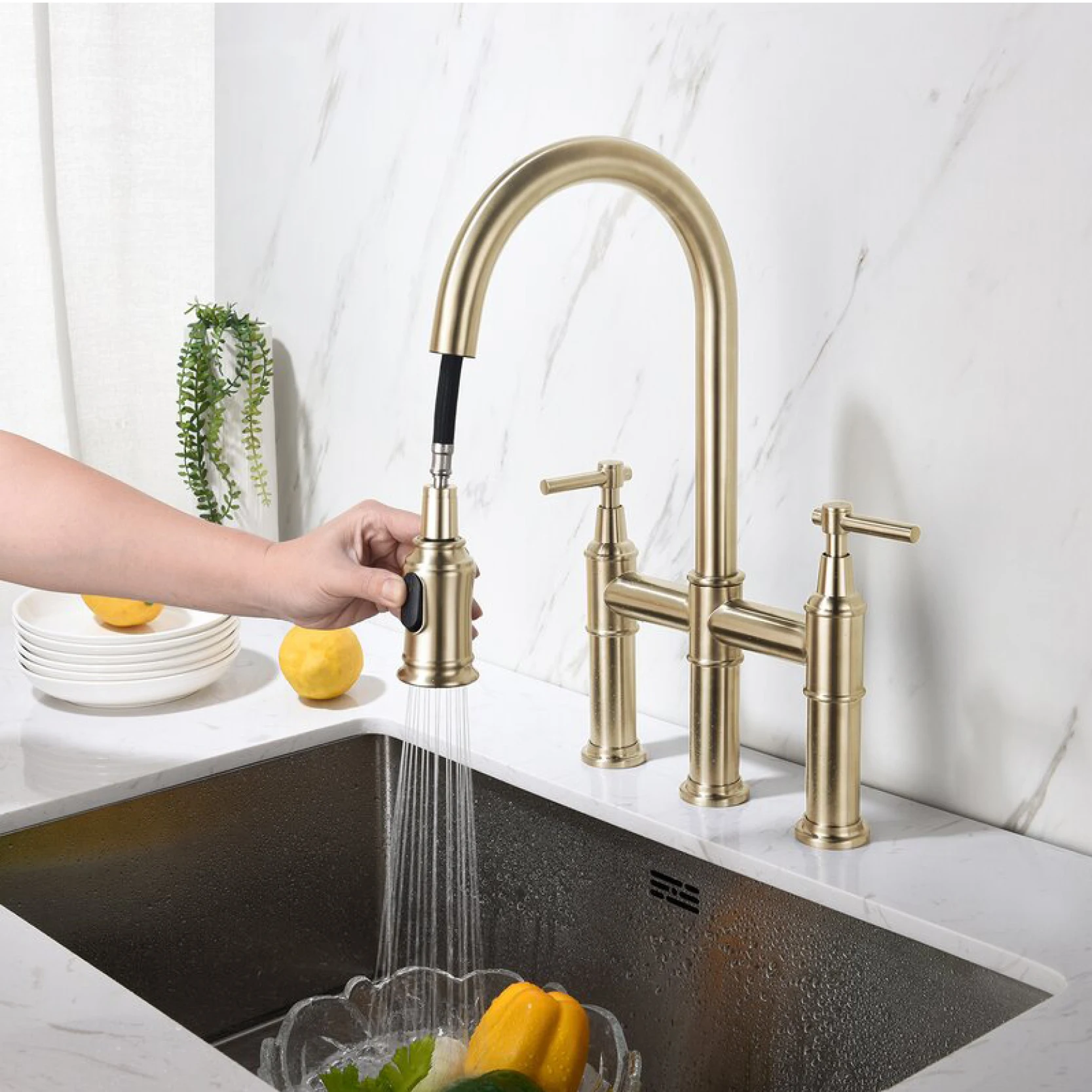 American black brass kitchen faucet 2-hole double handle cold and hot double control pull-out design three-function sink faucet