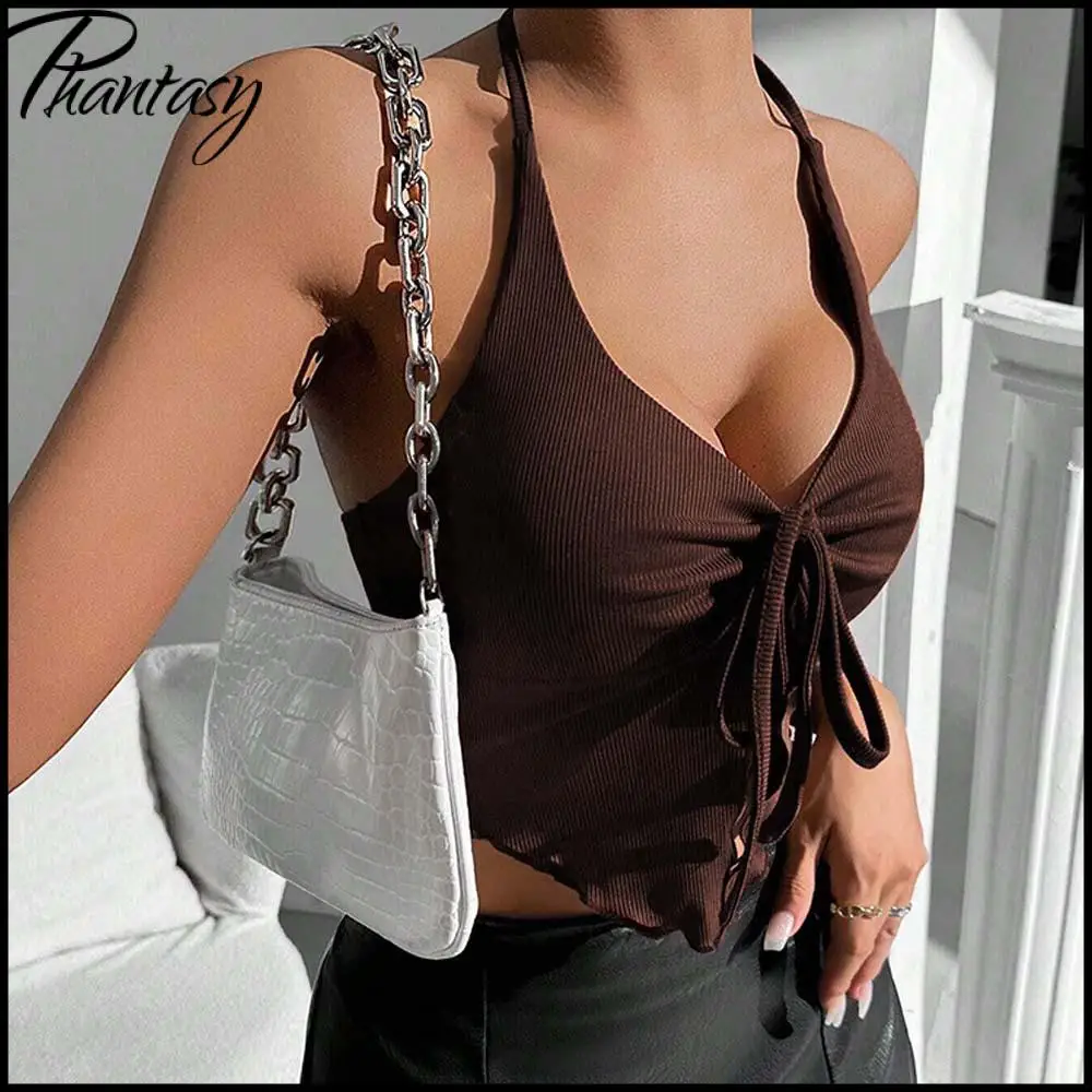 

Sexy Bow-Tie Neckline Halter Top Women's Backless Solid-Color Slim-Fit Cropped Knit Blouse Y2K Streetwear Summer Lady Outfit