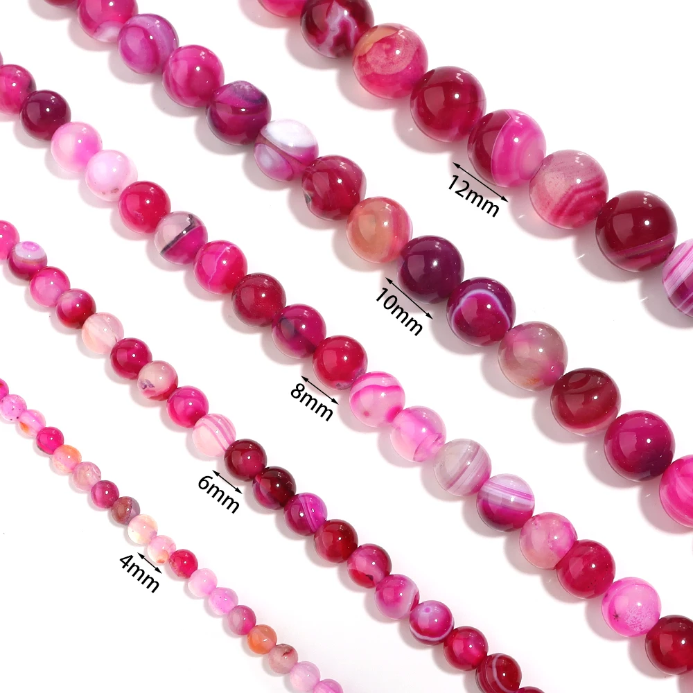 1 Strand Hot Pink Natural Stone Agate Beads Loose Spacer Round Gem Beads For Jewelry Making DIY Bracelet Necklace 4/6/8/10/12mm