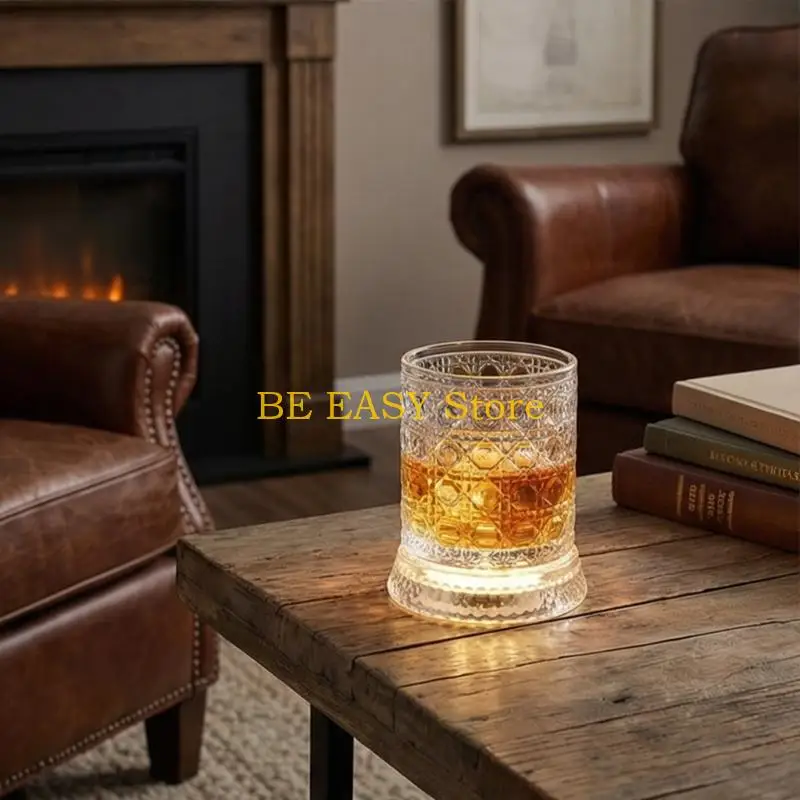 E28F 2 Piece 280ml Rotating Clear Whiskeys Glass Crystal Wine Glasses with LED Coasters for Stress Reduction Birthday Gift