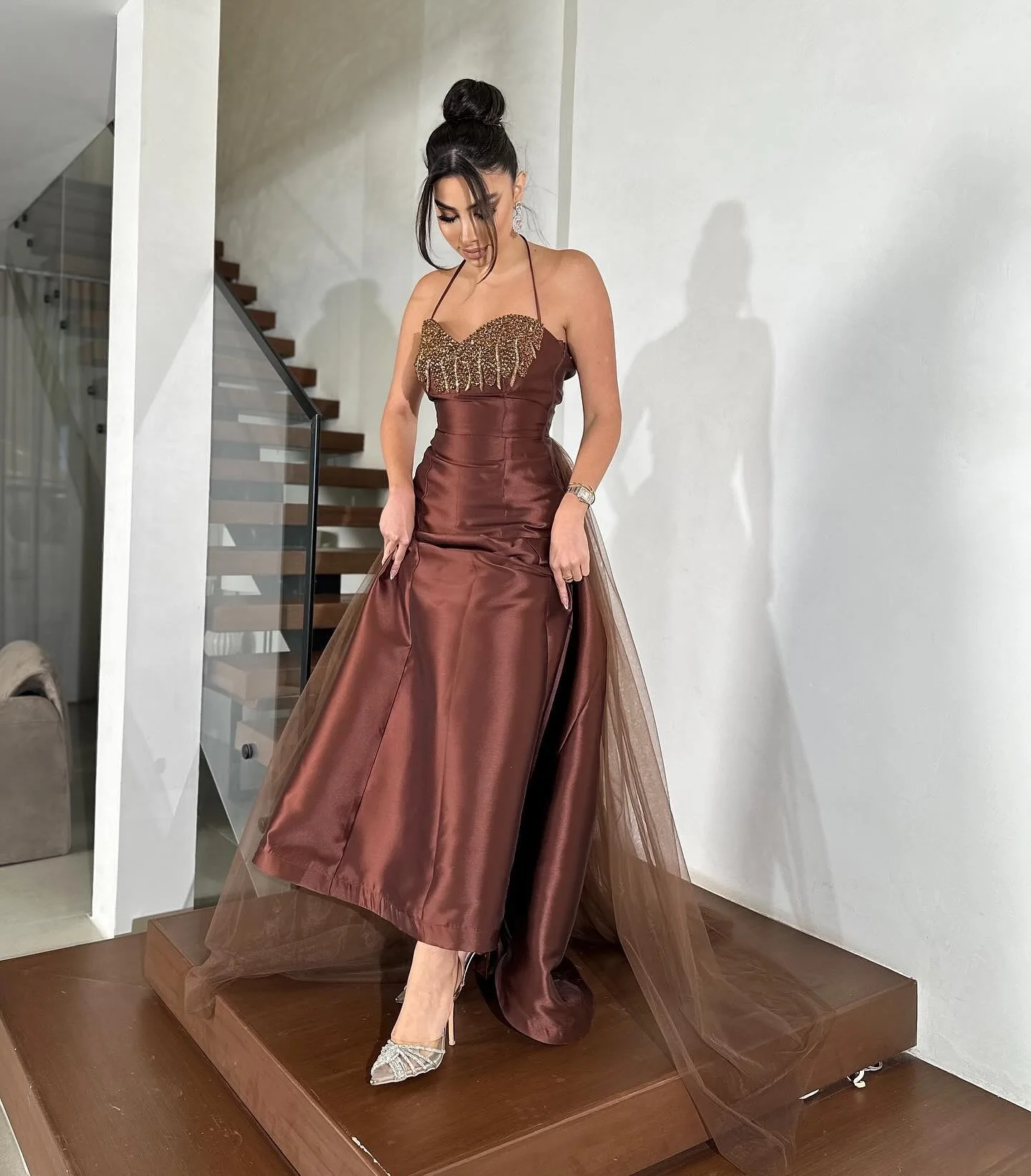 

Halter Satin Beading Sheath Prom Dresses Long for Women 2025 with Detachable Skirt Formal Evening Gowns Customized