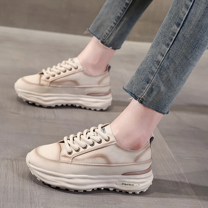 Genuine Leather Shoes Women Chunky Sneakers Flat Fashion Brand Ladies Shoes Soft Comfortable Height Increasing 4cm D689