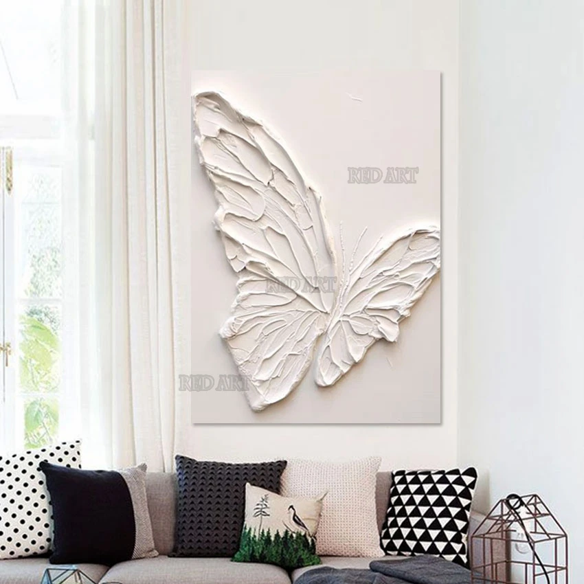 Abstract Heavy Thick White Acrylic Painting, Butterfly Picture, Hotel Decor, Luxury Canvas Wall Art, Unframed Large Murals