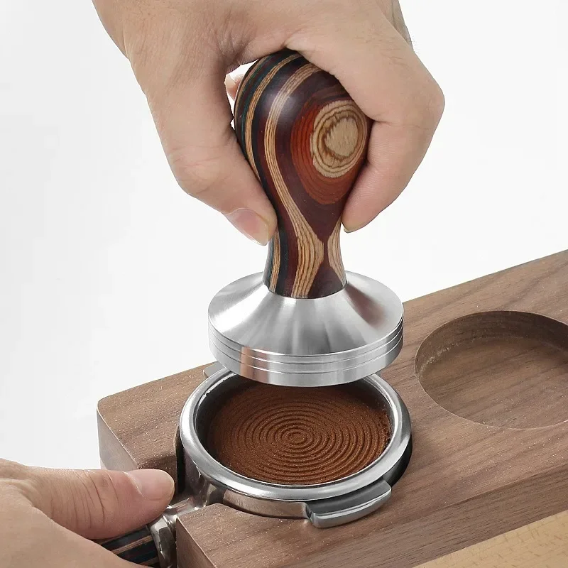 51/53/58mm 304 Stainless Steel Coffee Tamper Threaded Wooden Handle Powder Hammer Coffee Machine Handle Powder Distributor Set