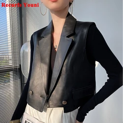 French Fashion Genuine Leather Vest For Women Female Loose Sleeveless Jacket Soft Chic Gilet Short Suit White Casaco Feminino