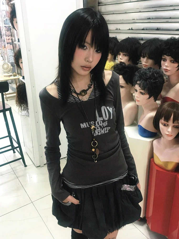 Genayooa Y2k Japanese T Shirt Women Patchwork Fake Two Pieces Tops Streetwear Vintage Grunge Graphic Tops Autumn American Retro