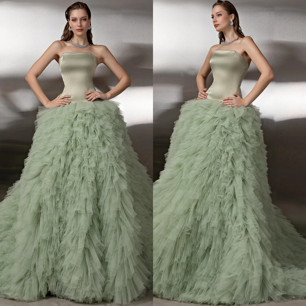 

Customized Graceful Strapless Evening Dress Exquisite Sleeveless Prom Dresses Temperament Chapel Train Special Occasion Gowns