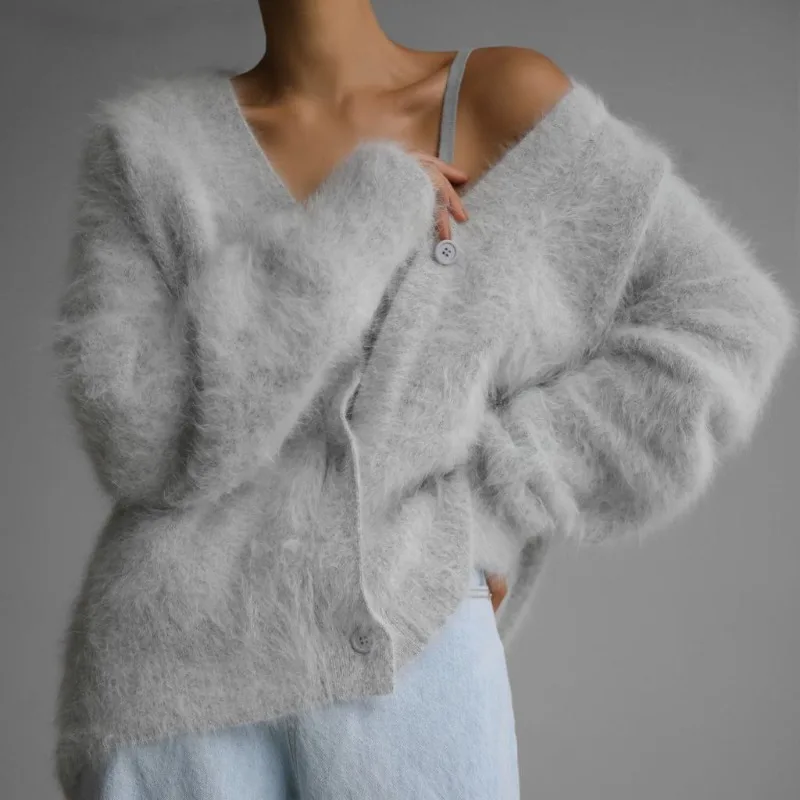 Cardigan in mohair sexy per donna pullover lavorato a maglia monopetto a maniche lunghe allentato 2024 cappotto maglione autunno chic Lady Streetwear