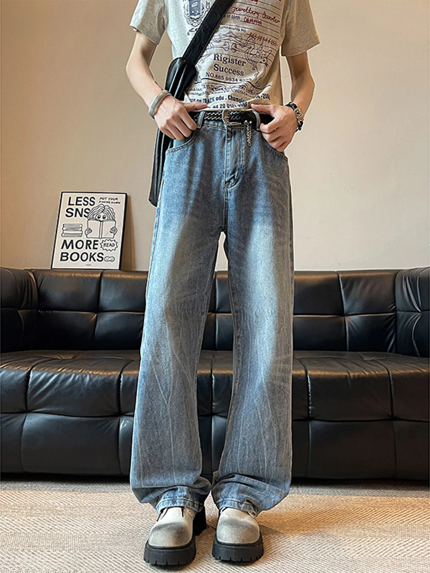 

Мужские широкие джинсы с принтом «Молния», американский уличный стиль, летние винтажные прямые свободные джинсы с дизайном «Нож»