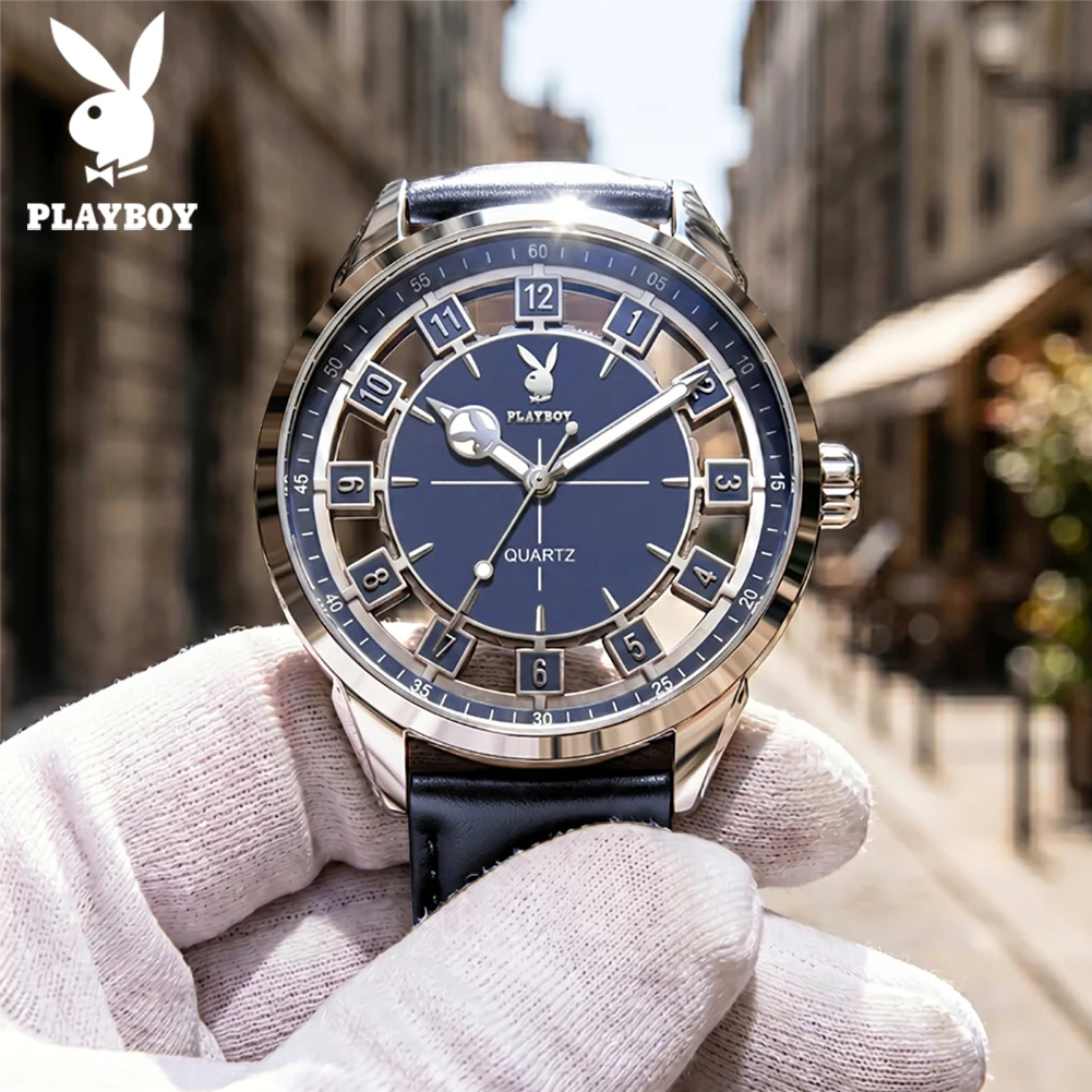 PLAYBOY 3137 Fully Transparent Hollowed Quartz Men's Watches Original Leather Strap High-end Luxury Brand Wrist Watches for Man