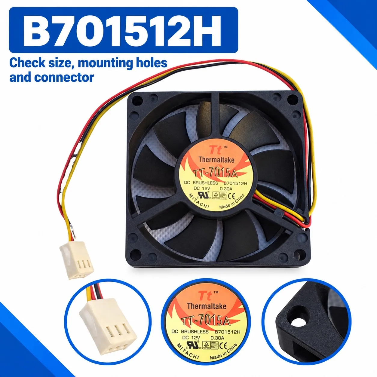B701512H CPU Cooler 70x70x15mm 7015 12V 0.30A 3800RPM Tachometer Dual Ball Bearing 3-Pin