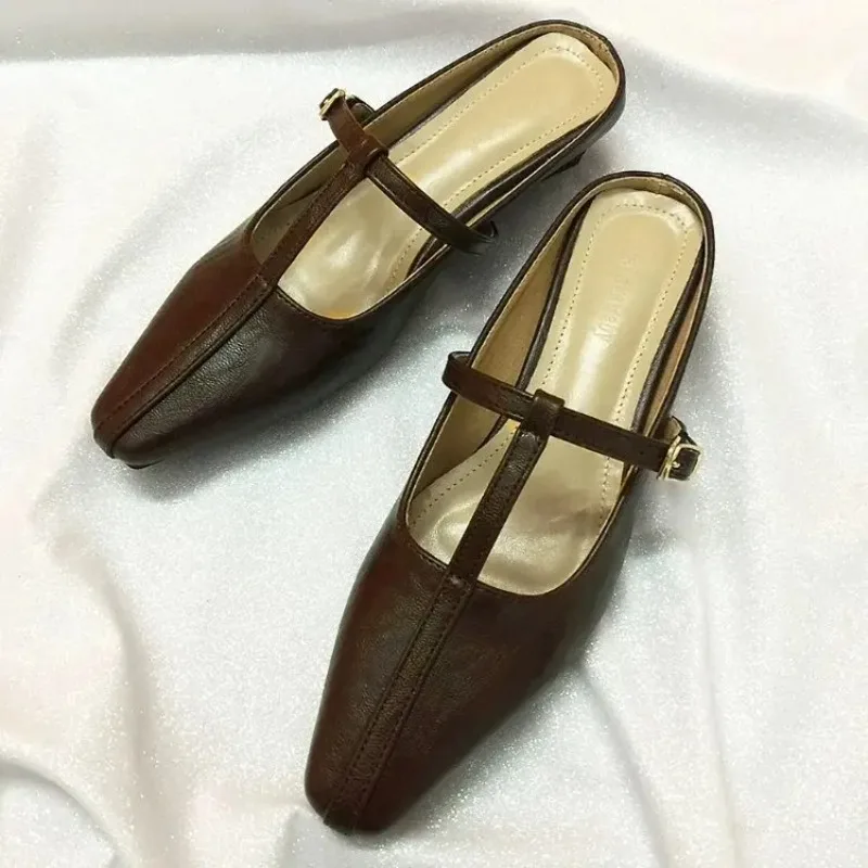 

2025 Pointed Toe High Heels Slippers Women Sandals Shoes Mules Casual Summer Chunky Marie Janes Soft Leather Pumps Slides Mujer