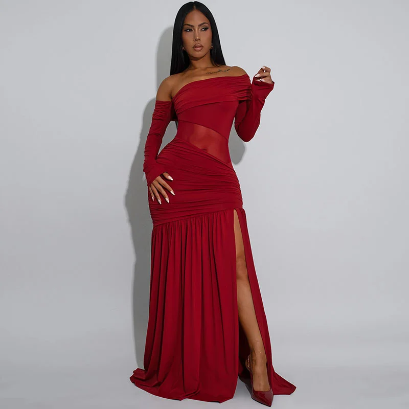 

Сексуальное вечернее платье с открытыми плечами для женщин, элегантное, из прозрачной сетки, с драпировкой, А-силуэт, с разрезом, для ночного клуба, выпускного вечера, макси-платье