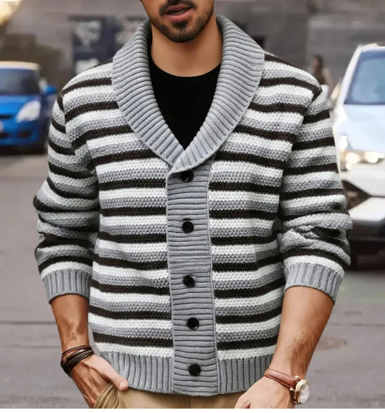 

2025 Men's Thickened Striped Collared Knitted Cardigan Soft Fabric Comfortable Button-Up Autumn Winter Sweater Outerwear Coat