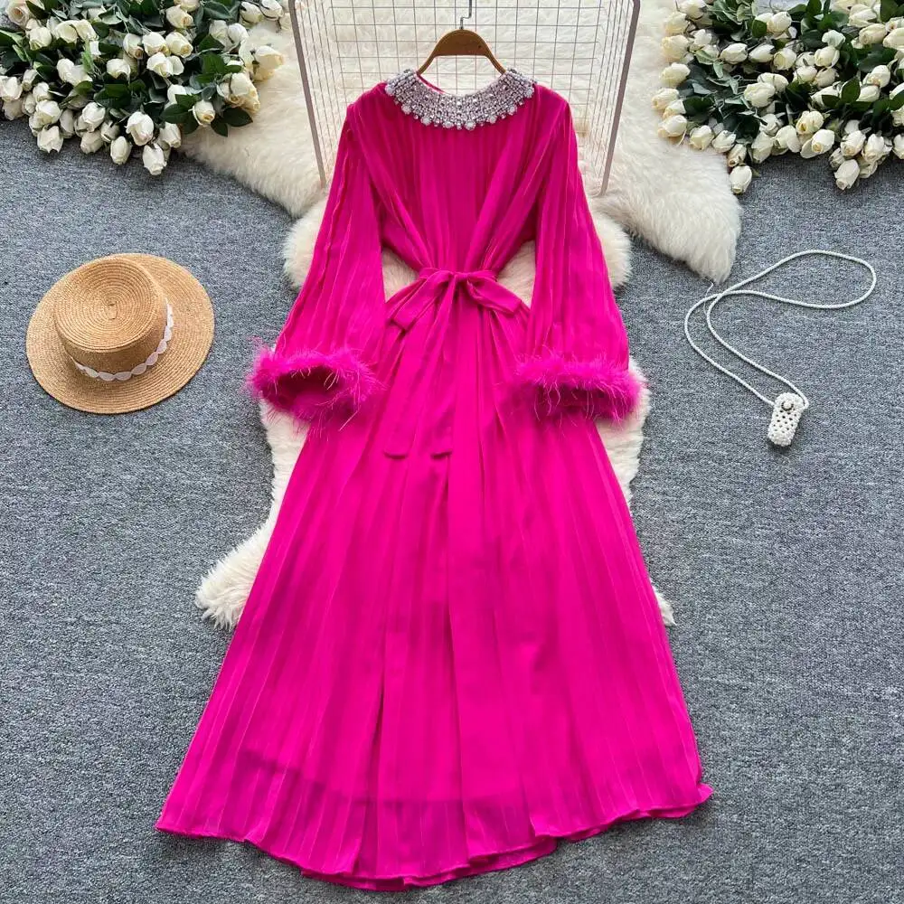 Chic vintage col rond froncé strass mince élégant fée mode coréenne Boho robe d'été femmes vêtements robe longue