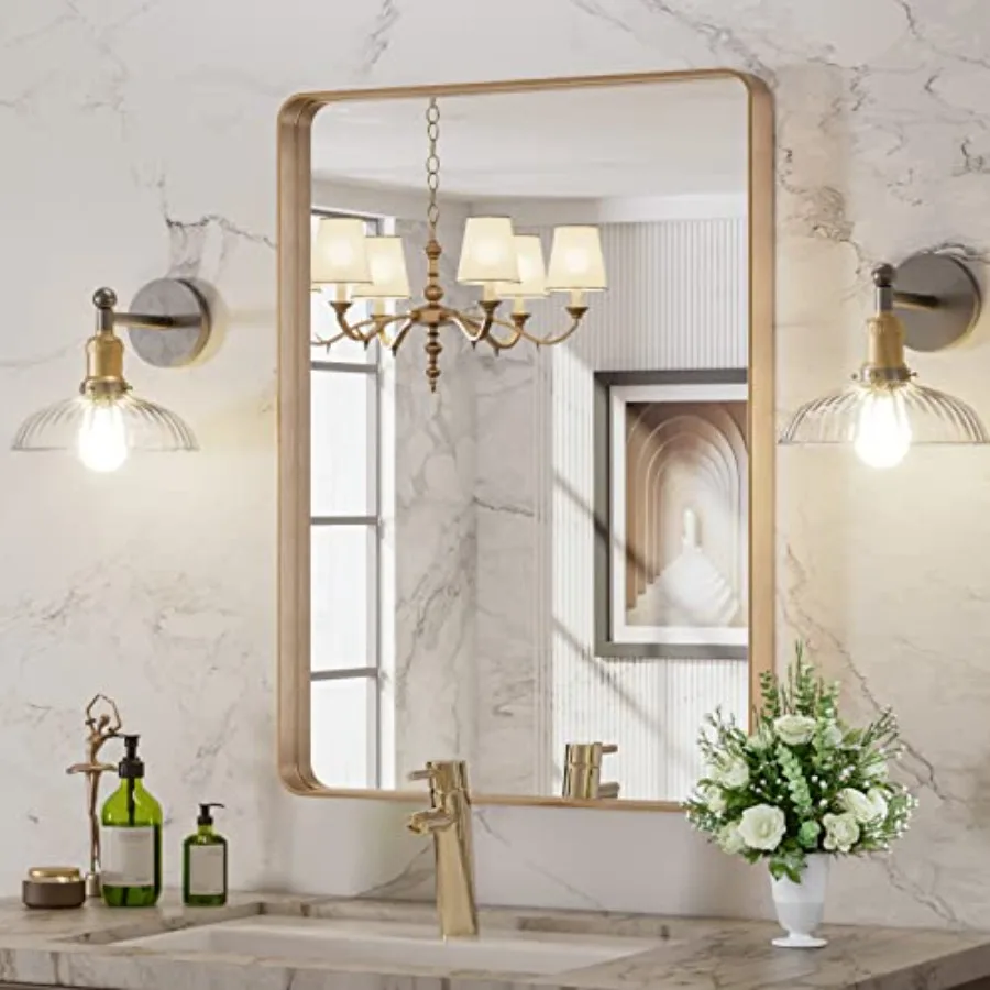 

22"X30" Gold Bathroom Mirror Rounded Rectangle Gold Frame Mirror Brushed Gold Bathroom Vanity Mirror Wall-Mounted Anti-Rust Han