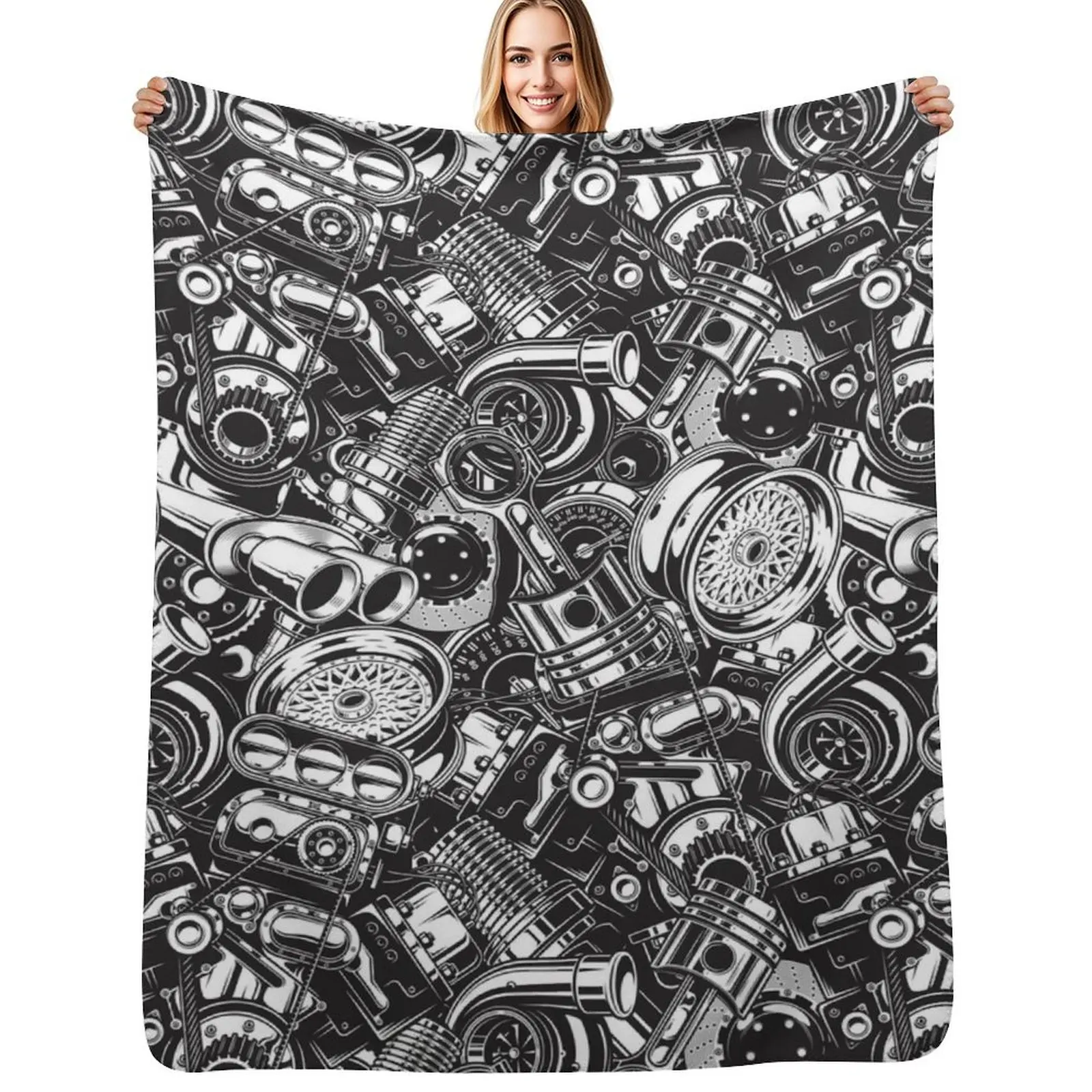 

Automobile Spare Parts - Car Engine, Piston and Wheels - Petrol Head Auto Garage Art Throw Blanket Multi-Purpose Loose Blankets
