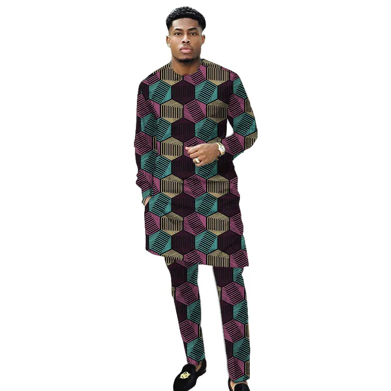 

Original Design African Print Men’s Clothes Long Shirt Patch Elastic Waist Pants Tailored Traditional Party Garment