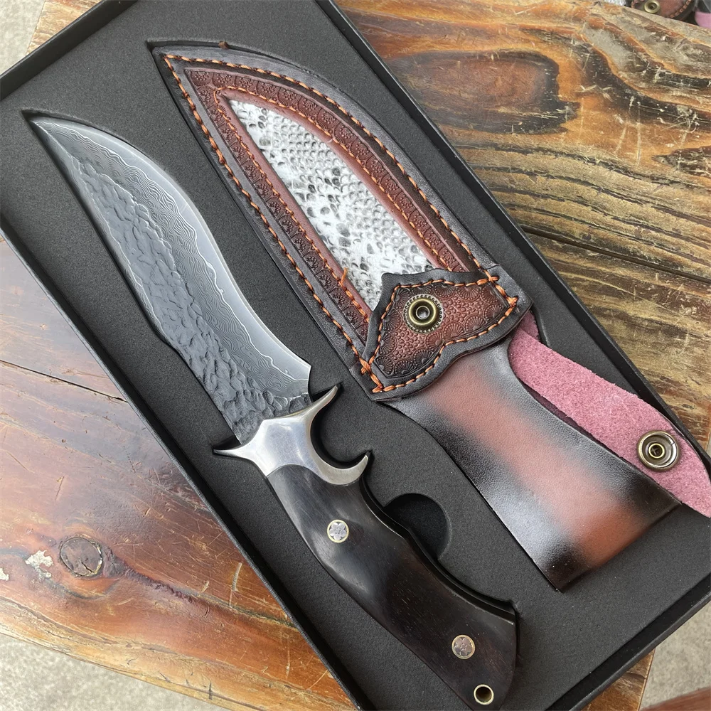 

Damascus Blade Ebony Handle Self Defense Tactical Hunting Knife EDC Survival Tools Camping Knives with Gift Box, Christmas Gift