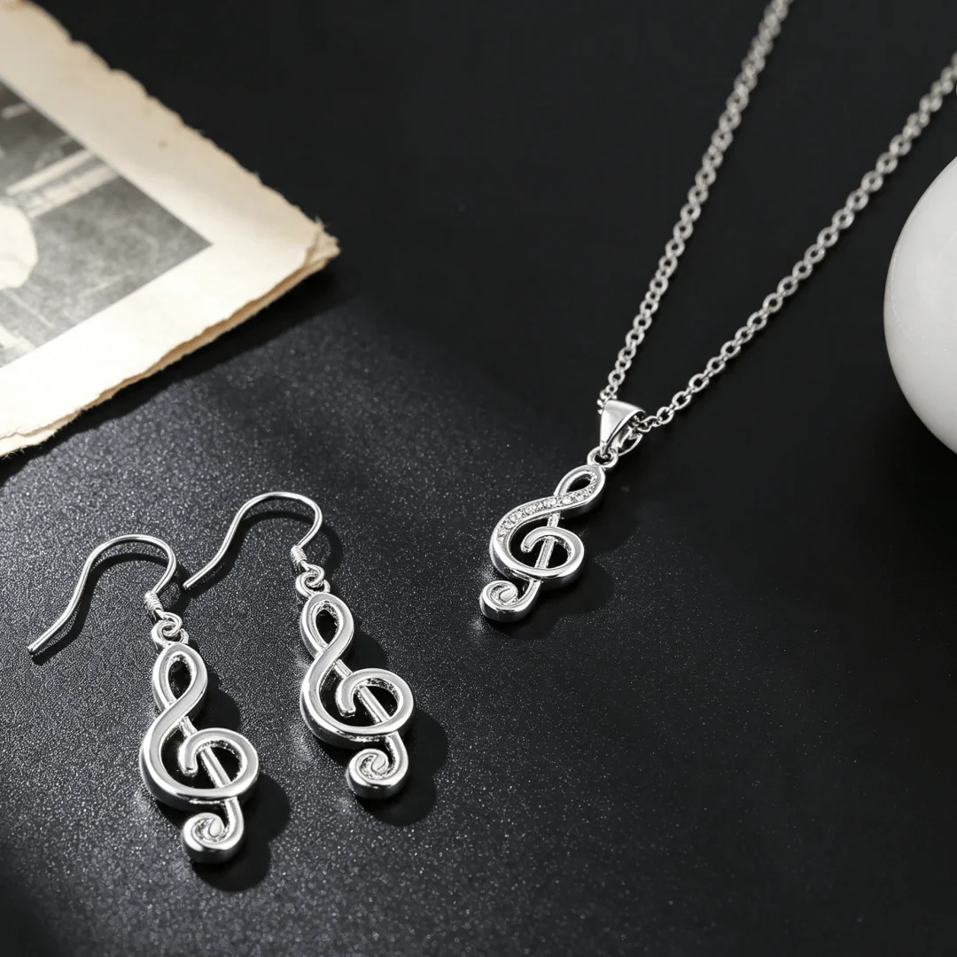 2pcs Set 925 Sterling Silver crystal Musical Note Necklace Earrings Jewelry Sets for Women Fashion Wedding Party Holiday Gifts