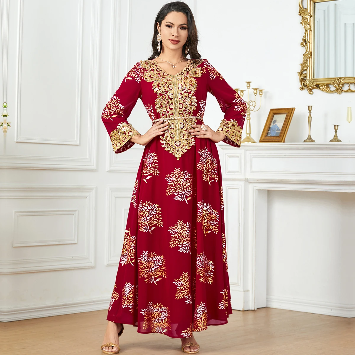 BNSQ 2024 Summer Middle East Arab New Floral Gold Plated Women Dresses Party Dresses Moroccan Kaftan with Customized Belt