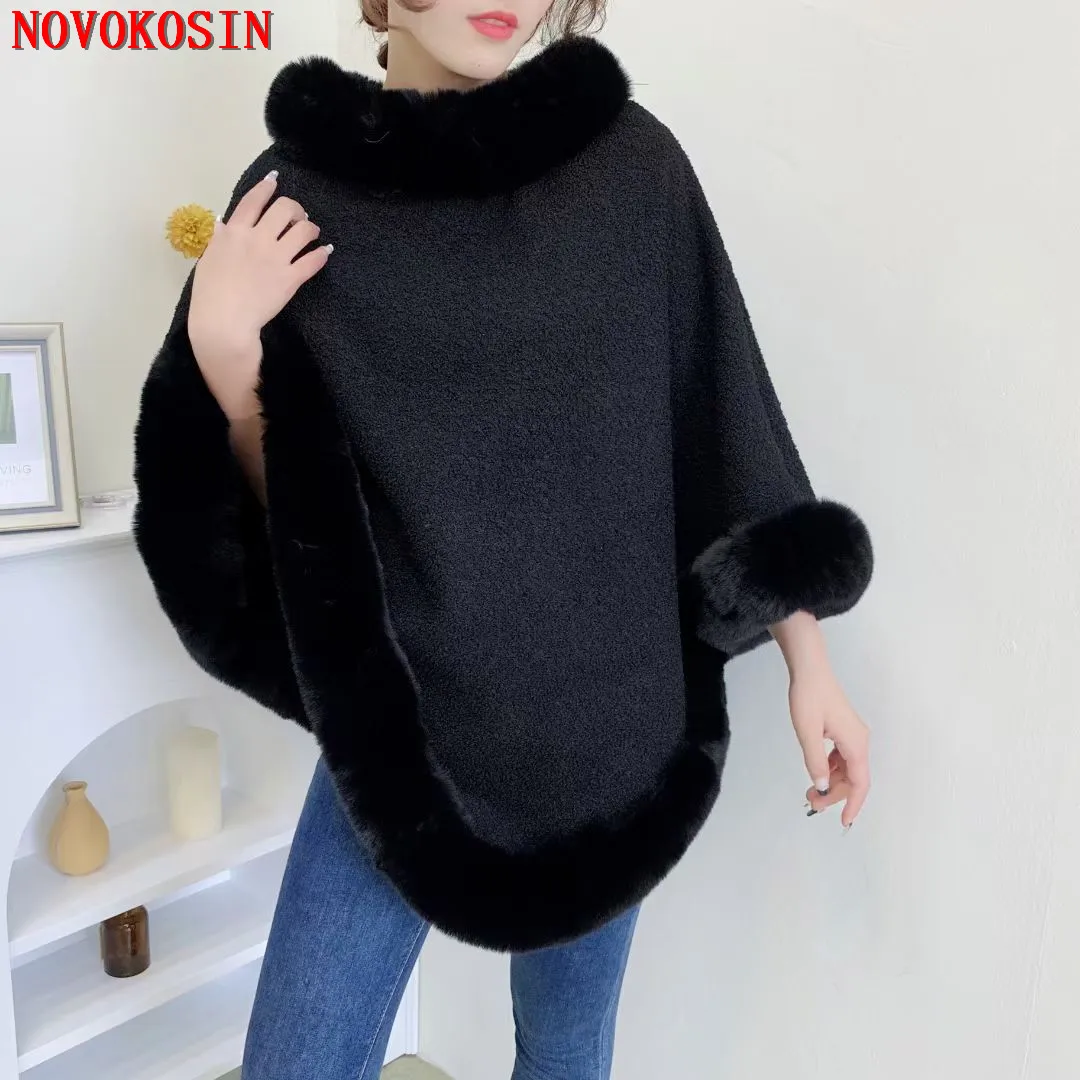 6 Colors Autumn Winter Women Faux Fur Collar Cloak Thick Outstreet Wear Granular Velvet Warm Poncho Pullover Lady Shawl Overcoat