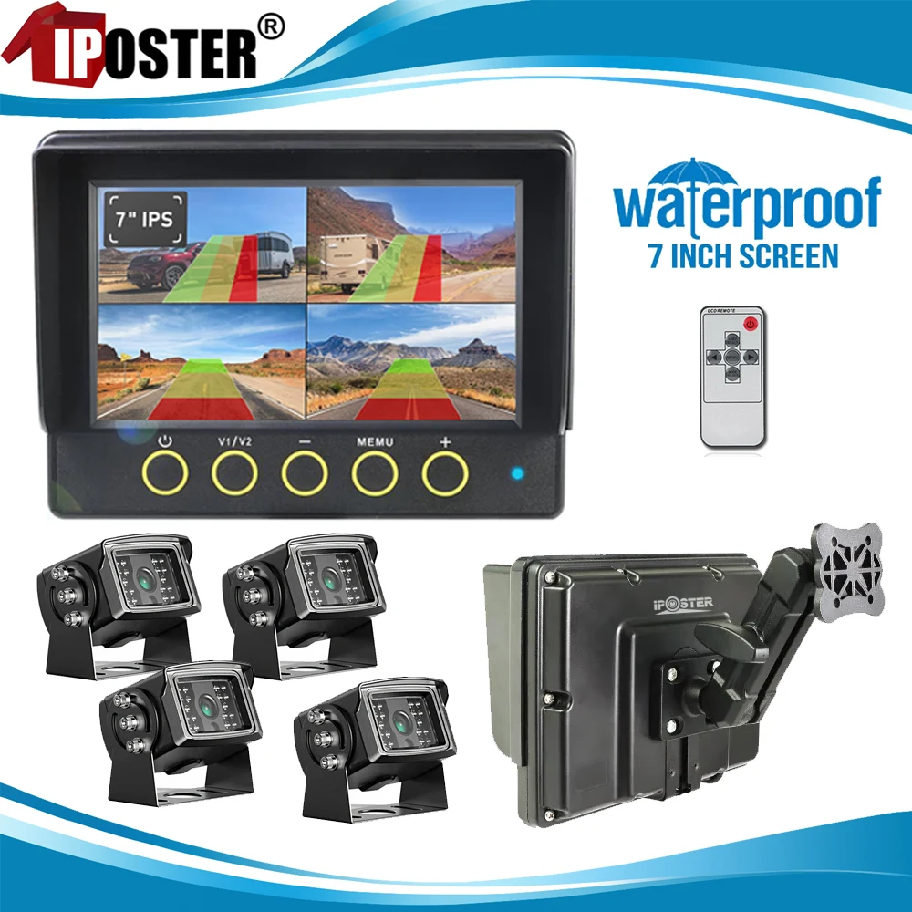 

iPoster 7“ Waterproof Screen Monitor Built-in DVR BSD Ai Detection 1080P Rear View Backup Reversing Camera For Caravan Camper