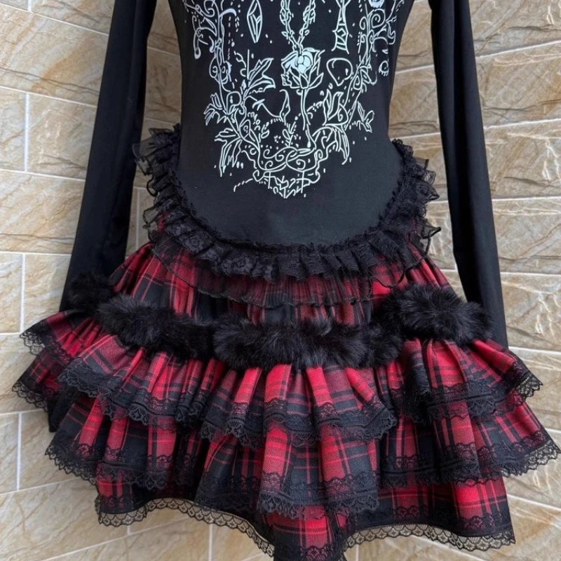 

Vintage Design Y2K Sweet Cool Punk Dark Women's Skirt Autumn Black Red Plaid Splicing Cute Fluffy Lace Edge Cake Skirts Ladies