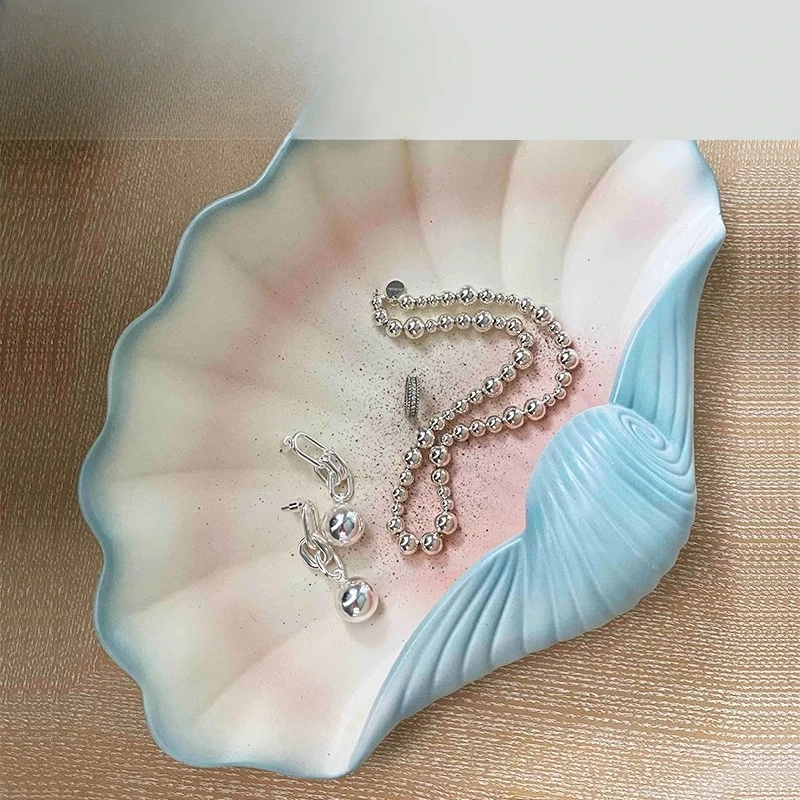 Shell plate, sea shell blue ceramic storage tray, fruit plate wall-mounted home ornament