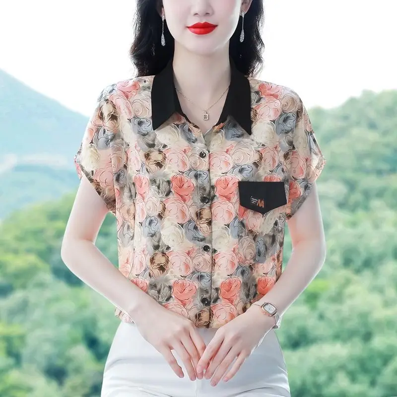 

Fashionable Printed Chiffon Blouse New Summer Collection Versatile Women's Slimming Top