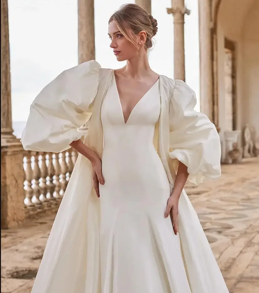 Jaqueta de casamento cetim inchado com meia manga, capa longa, roupa nupcial simples e elegante, tamanho personalizado