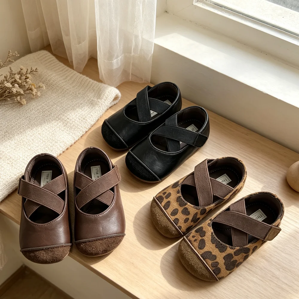 Toddler Girls Cross Strap Leather Shoes 2026 New Autumn Kids Animal Print Mary Jane Flats Non-slip Retro Style School Footwear