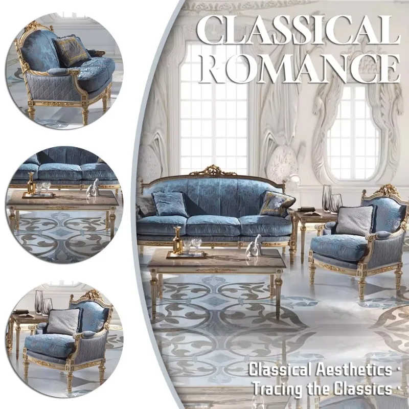European Style Furniture Sets Blue Fabric 1+2+3 Seater Antique Wooden Villa Living Room Sofa Leisure Sectional Sofas