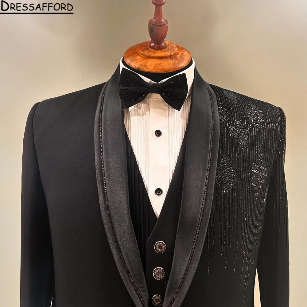 Black Blazers Men Suits Sequined Beading Fashion Banquet 2 Piece Business Jacket Pants Trousers