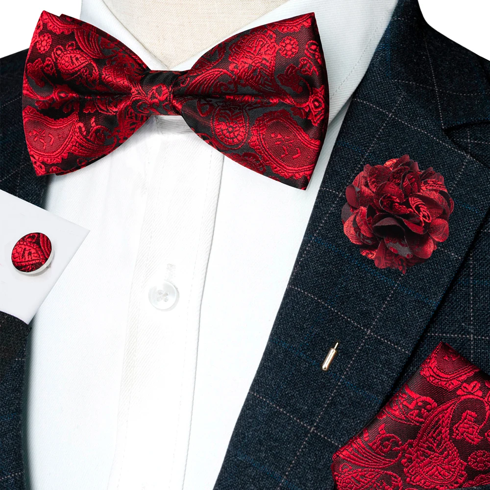 Champagner-Seiden-Jacquard-Paisley-Fliege für Herren, Brosche, Einstecktuch, Manschettenknöpfe-Set, vorgebundene Fliege mit Schmetterlingsknoten für Männer, Hochzeit, Geschäft – Detail 2