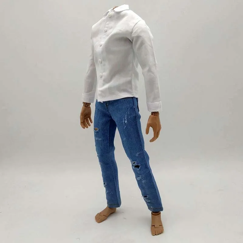 Fashion 1/6 Scale White Shirt + Ripped Jeans Model for 12in Thin Male Solider Action Figure Toys