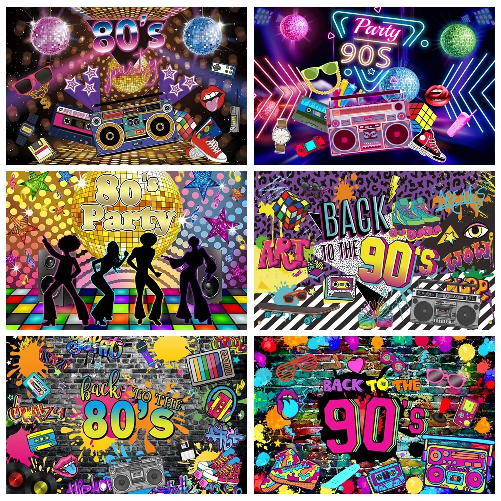 Fondo de fiesta de cumpleaños para adultos y bebés, telón de fondo con diseño de grafiti de neón con brillo, estilo Hip Hop y música Disco de los años 80